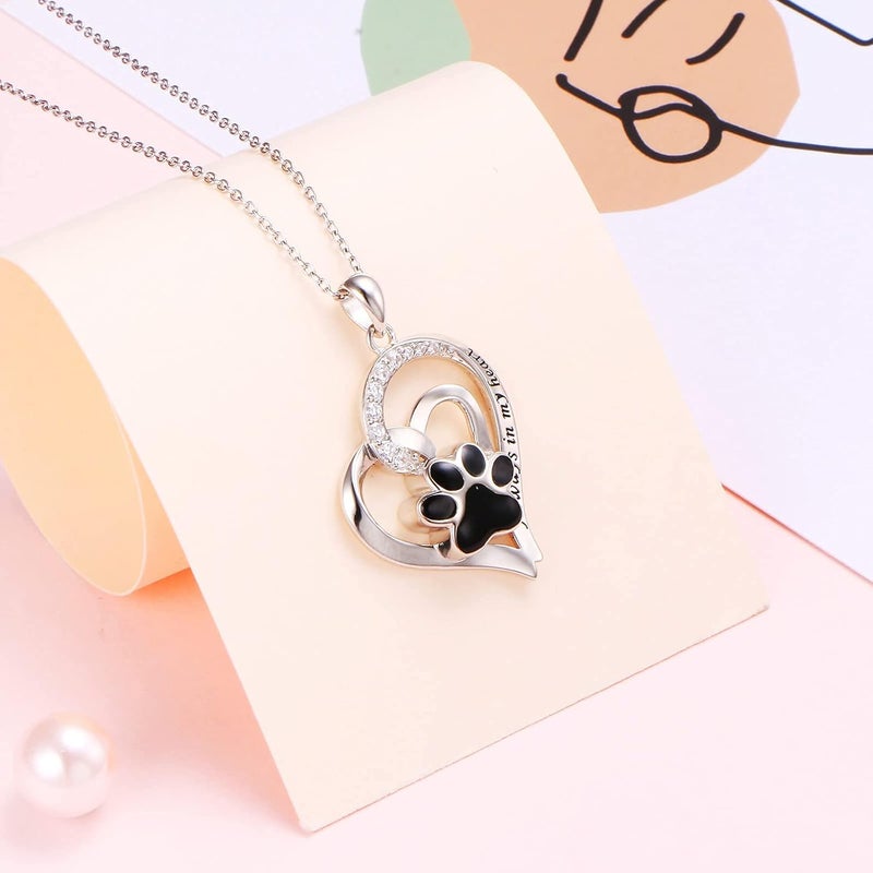 Flyow 925 Sterling Silver Cute Paw Print Forever Love Heart Pendant Necklace/Bracelet/Stud Earrings Gift for Women, Box Chain 18" - Image 2